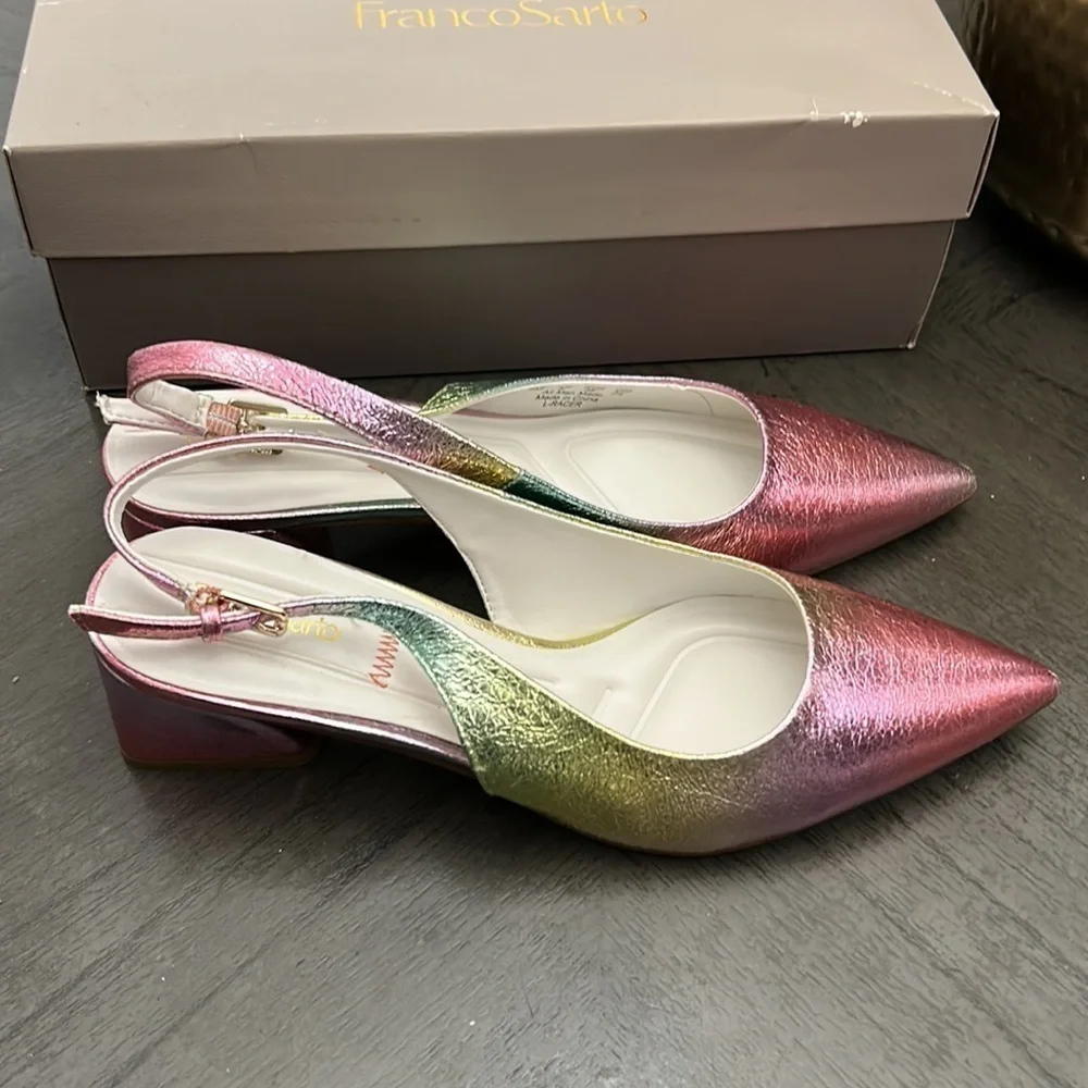 FRANCO SARTO Racer Womens Buckle Pointed Toe Slingback Heels